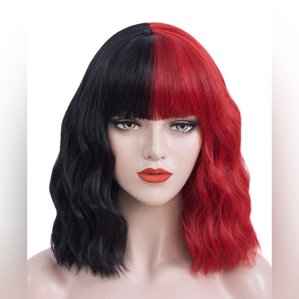 Half Red Half Black Wig Short Curly Wavy Bob Hair Wig w Bangs Cosplay Halloween